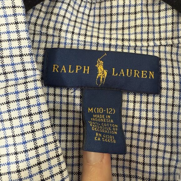 Ralph Lauren Dress Shirt Boy medium 10 12 White Blue Plaid Button Up Long Sleeve - Picture 5 of 9